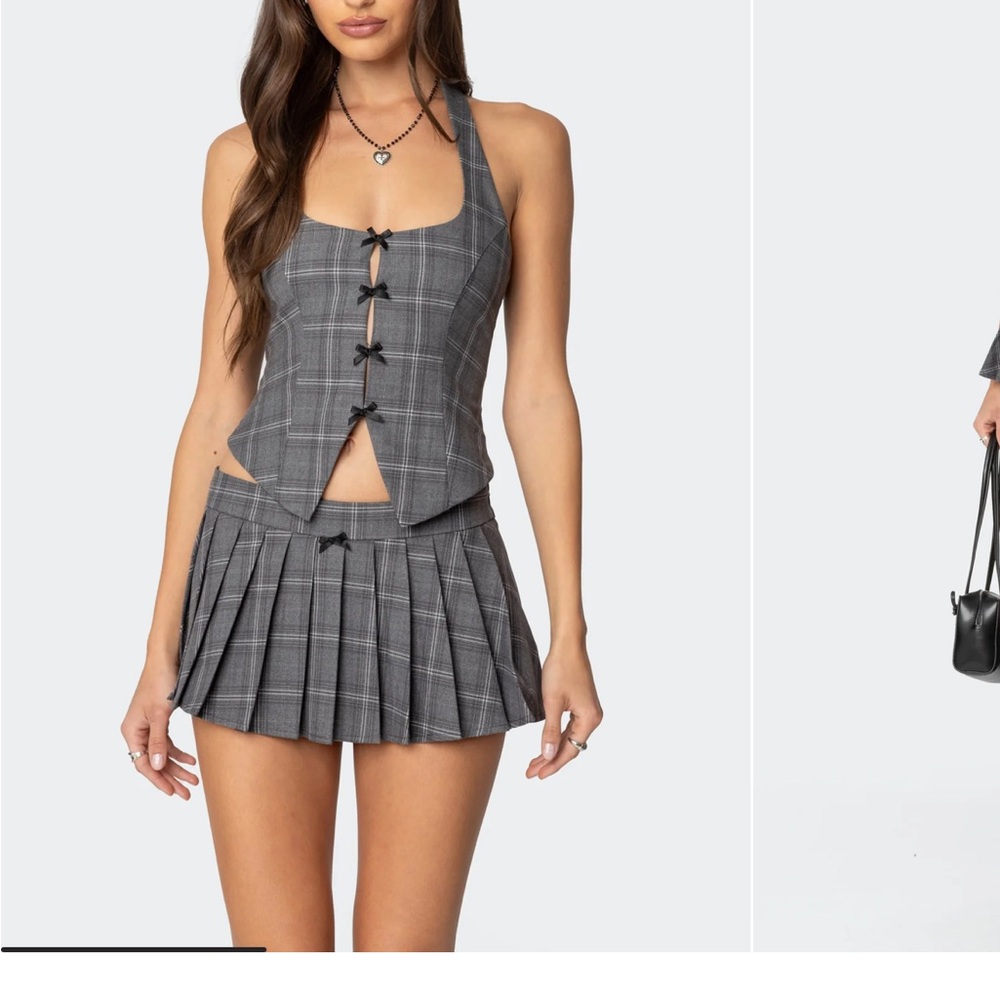 Edikted Gray Plaid Bow-Front Corset Tank